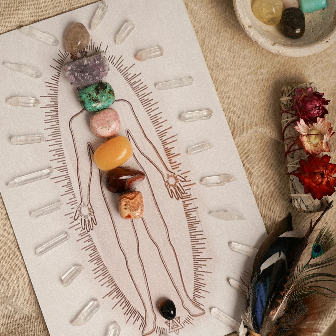 chakra healing crystals on body silhouette